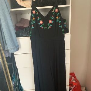 Black w floral design midi length romper pantsuit